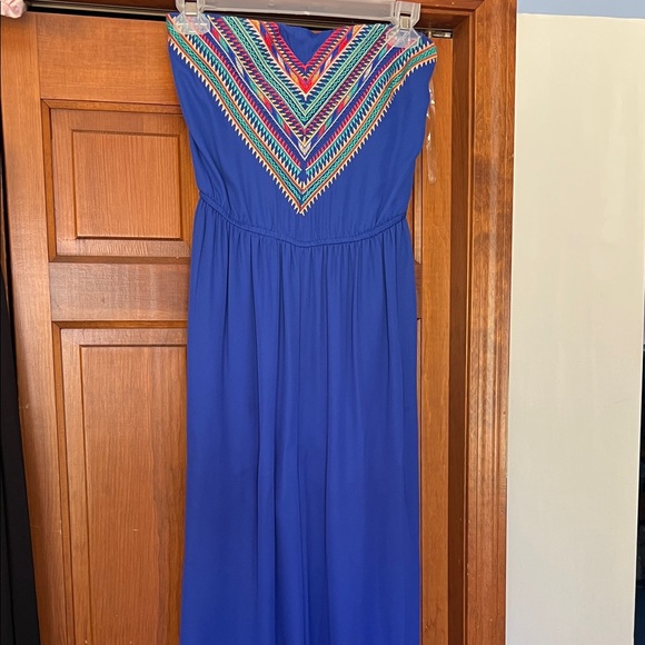 Alya Dresses & Skirts - Strapless Royal Blue Maxi Jumper with Colorful Embroidered Yoke